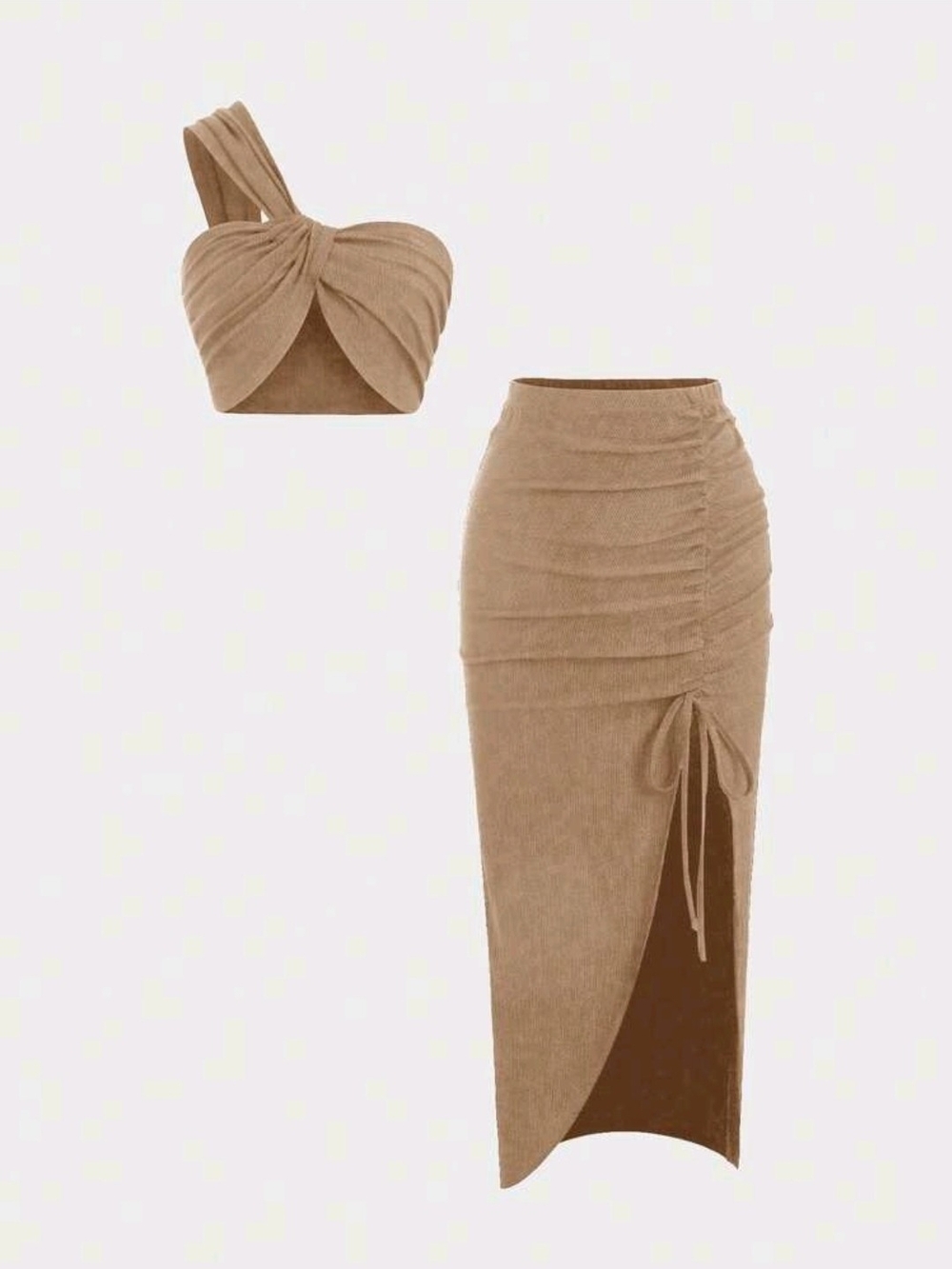 Sweetra 2pcs/Set Asymmetrical Neck Cropped Top & Pleated Slit Wrap Skirt